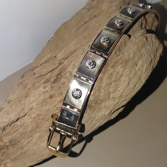 Hendi Bendal Hinge Belt Buckle Bracelet MOP Signature Logo Gold Tone Rhinestone - Picture 8 of 16